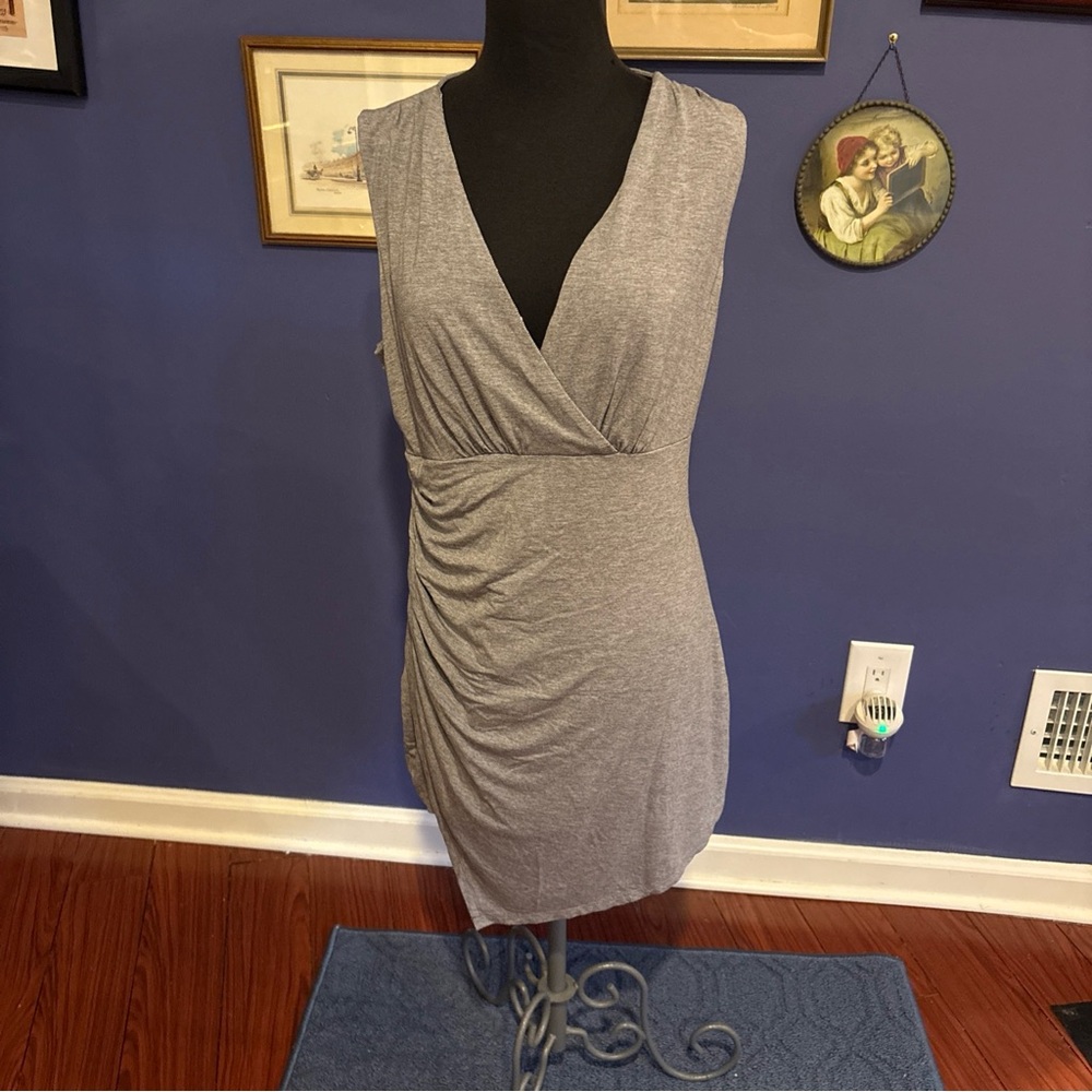 White House Black Market Gray Dress ruched side.